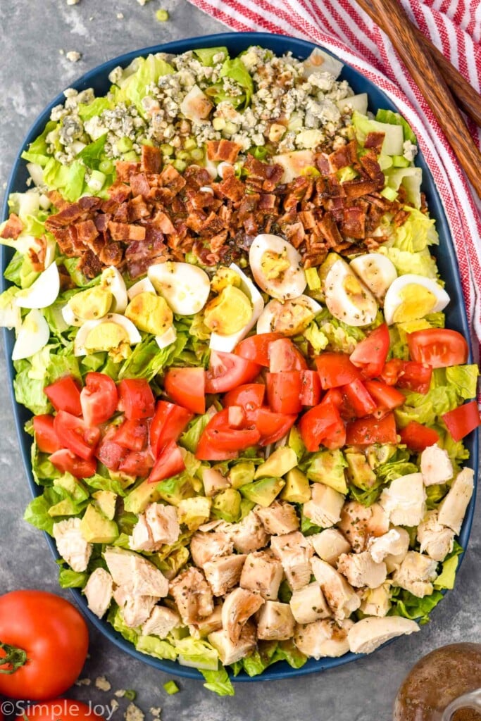 Overhead photo of cobb salad with Red Wine Vinaigrette drizzled on top