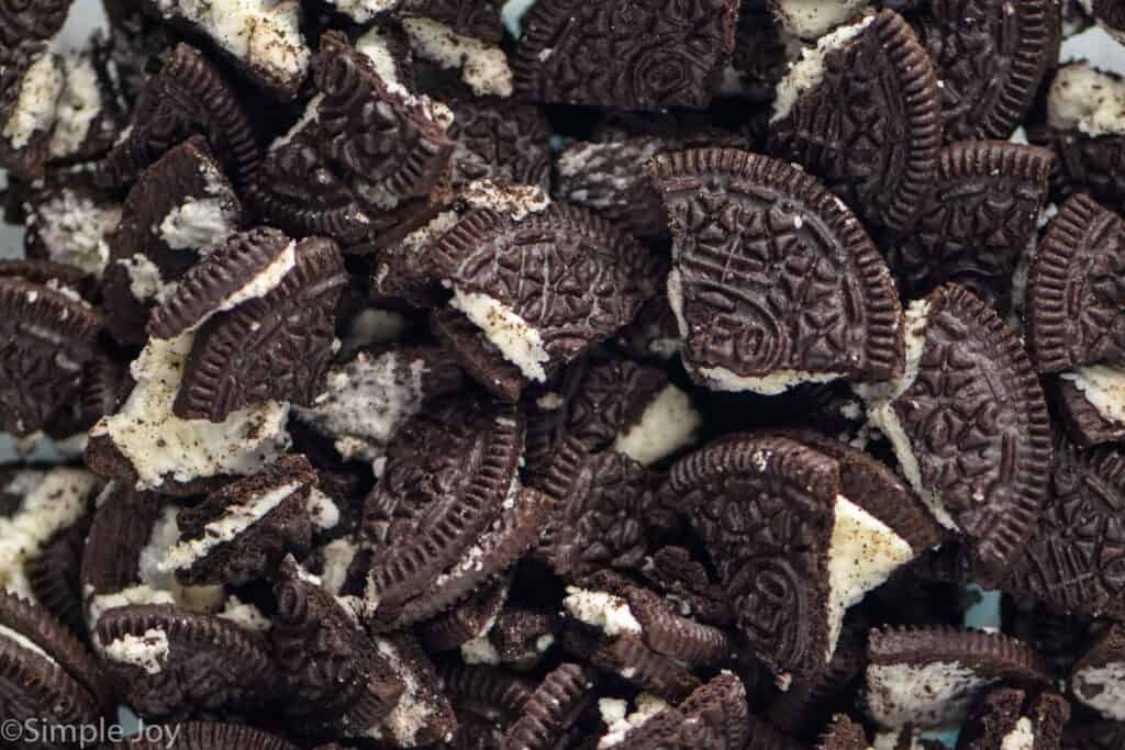 close up of broken pieces of Oreos