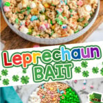 Pinterest graphic of leprechaun bait, says, "leprechaun bait, get full recipe on simplejoy.com" with cartoon of leprechaun