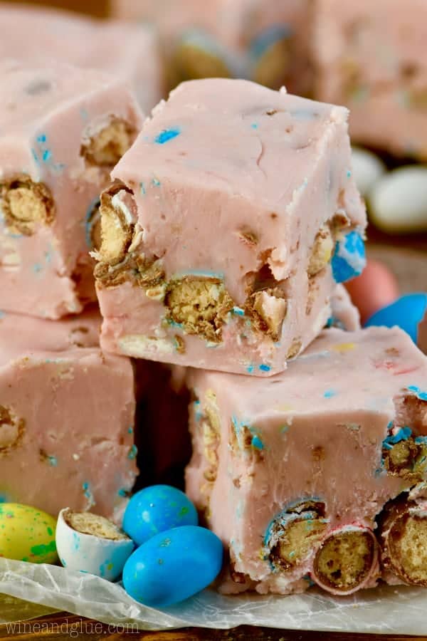 a close up of a pile of pink fudge made with robin eggs candy