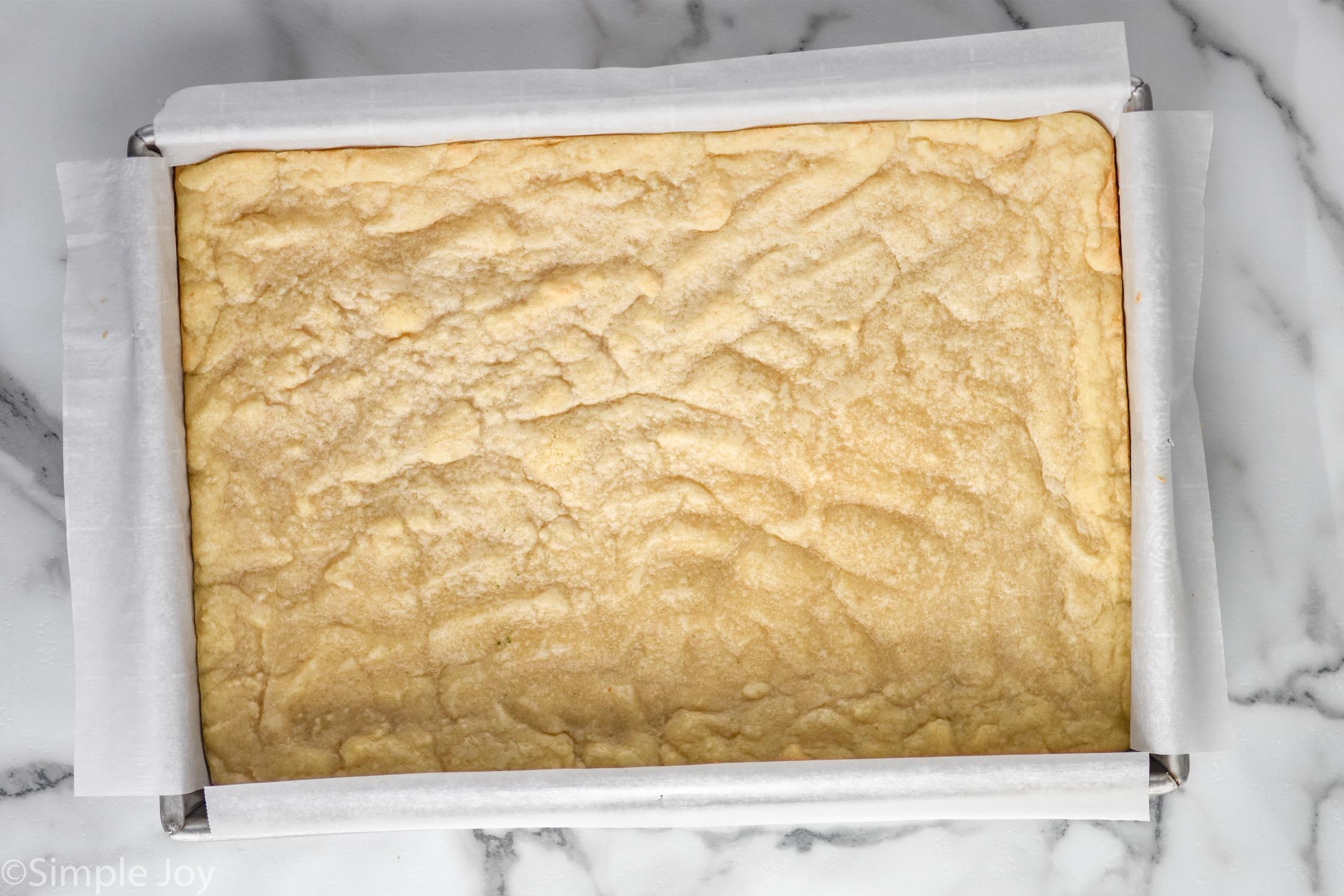 Overhead photo of a baking dish of Cookie Butter Bars recipe
