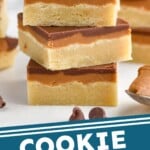 Pinterest graphic for Cookie Butter Bars recipe. Image is photo of a stack of Cookie Butter Bars with a bite taken out of the top bar. Text says, "Cookie Butter Bars simplejoy.com."