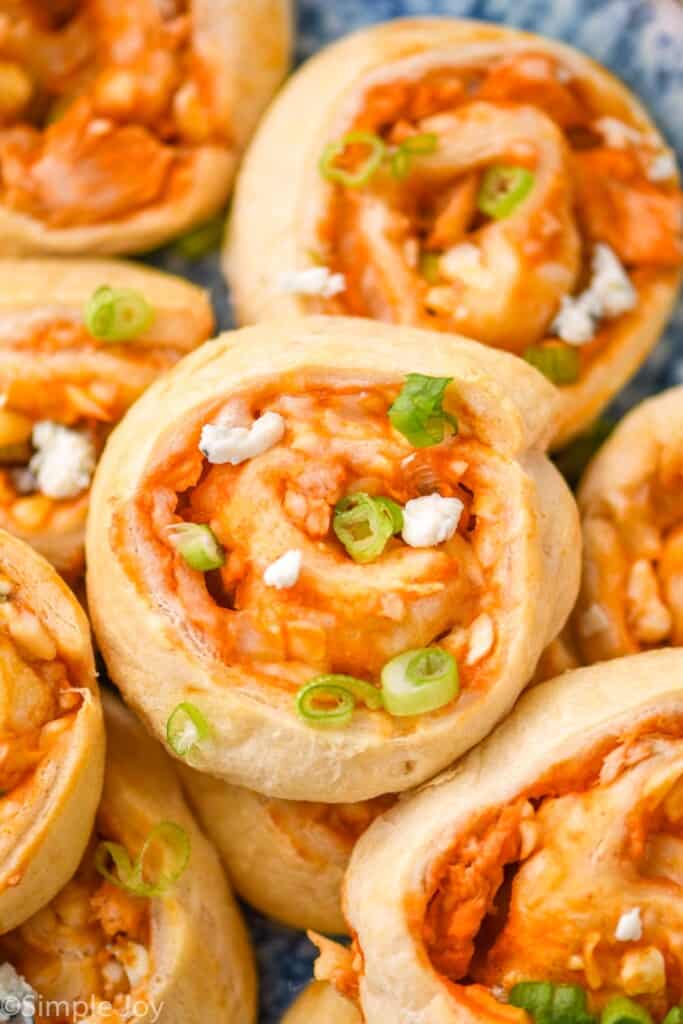 overhead close up of a buffalo chicken pinwheel