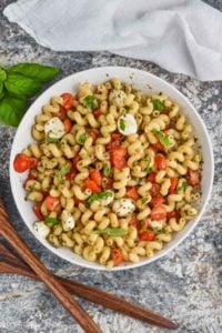 overhead view of easy pesto pasta salad