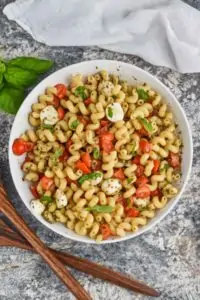 overhead view of easy pesto pasta salad