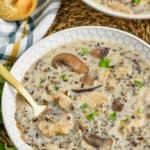 overhead view of creamy chicken and wild rice soup recipe in a bowl, garnished with parsley