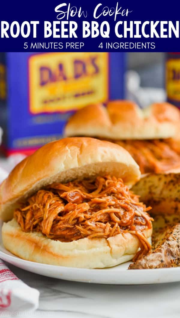 root beer slow cooker bbq chicken sandwich close up on a plate