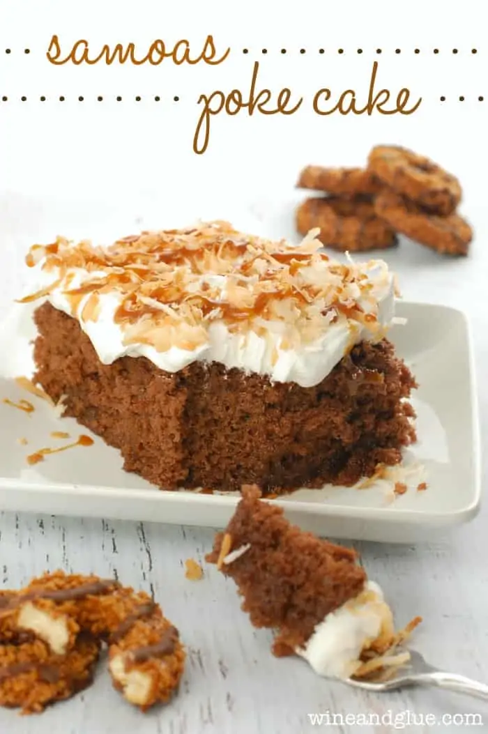 picture of a Samoas poke cake with a bite missing, photo says Samoas poke cake in script