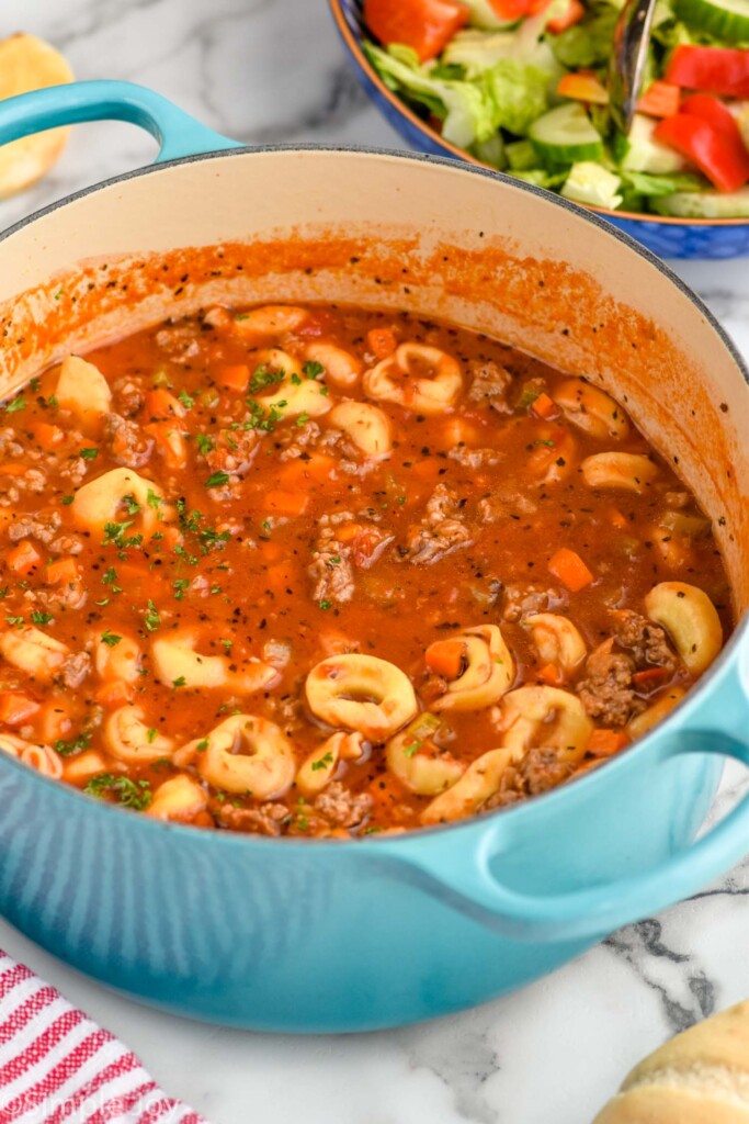 Overhead photo of Sausage Tortellini Soup in a pot.