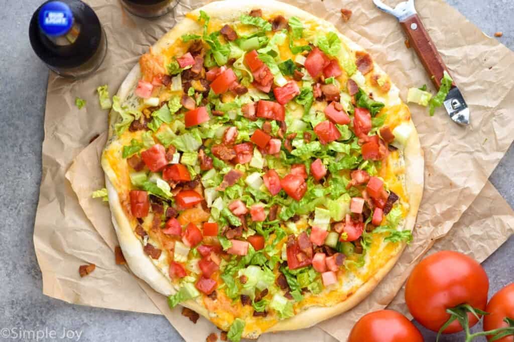 overhead view of a blt pizza