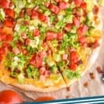 pinterest graphic of overhead of a blt pizza with one piece cut into