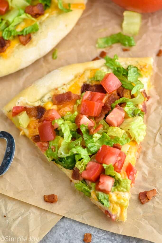 a piece of blt pizza recipe on a butcher paper
