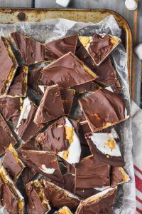 close up of s'mores chocolate bark on a tray