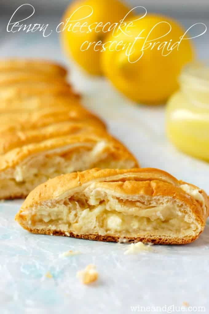 The Lemon Cheesecake Cheesecake Braid has a golden brown crust with a soft creamy middle texture. 