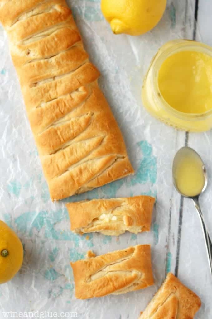 An overhead photo of the Lemon Cheesecake Crescent Braid showing the golden brown crust. 
