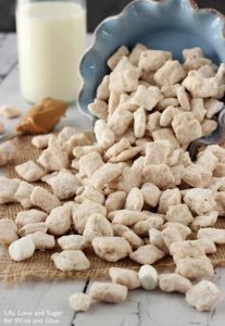 bowl of fluffernutter puppy chow spilling out