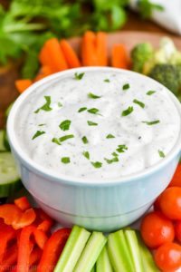 close up view of a healthy vegetable dip recipe with cut up vegetables around it