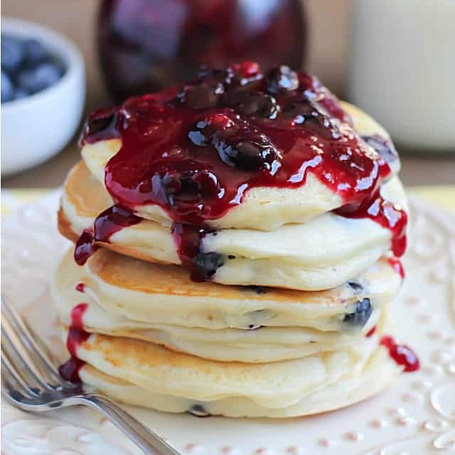Blueberry Sour Cream Pancakes with Fresh Homemade Syrup.