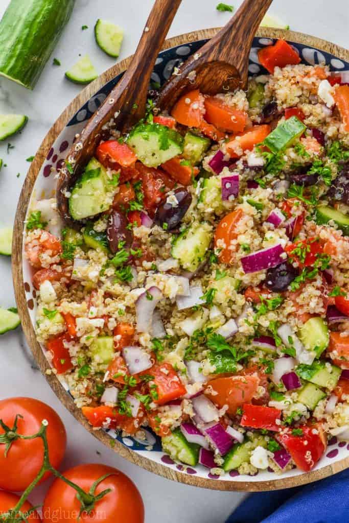 overhead view of greek quinoa salad