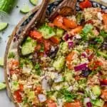 overhead view of greek quinoa salad