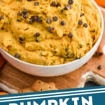 pinterest graphic of small bowl of pumpkin dip with chocolate chips