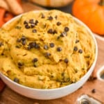 small bowl of pumpkin dip with chocolate chips