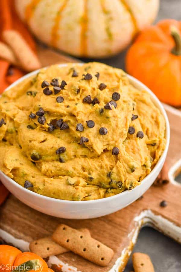 small bowl of pumpkin dip with chocolate chips