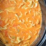 overhead of a slow cooker of buffalo chicken soup - 9