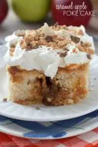 close up of caramel apple poke cake on a plate, says: caramel apple poke cake