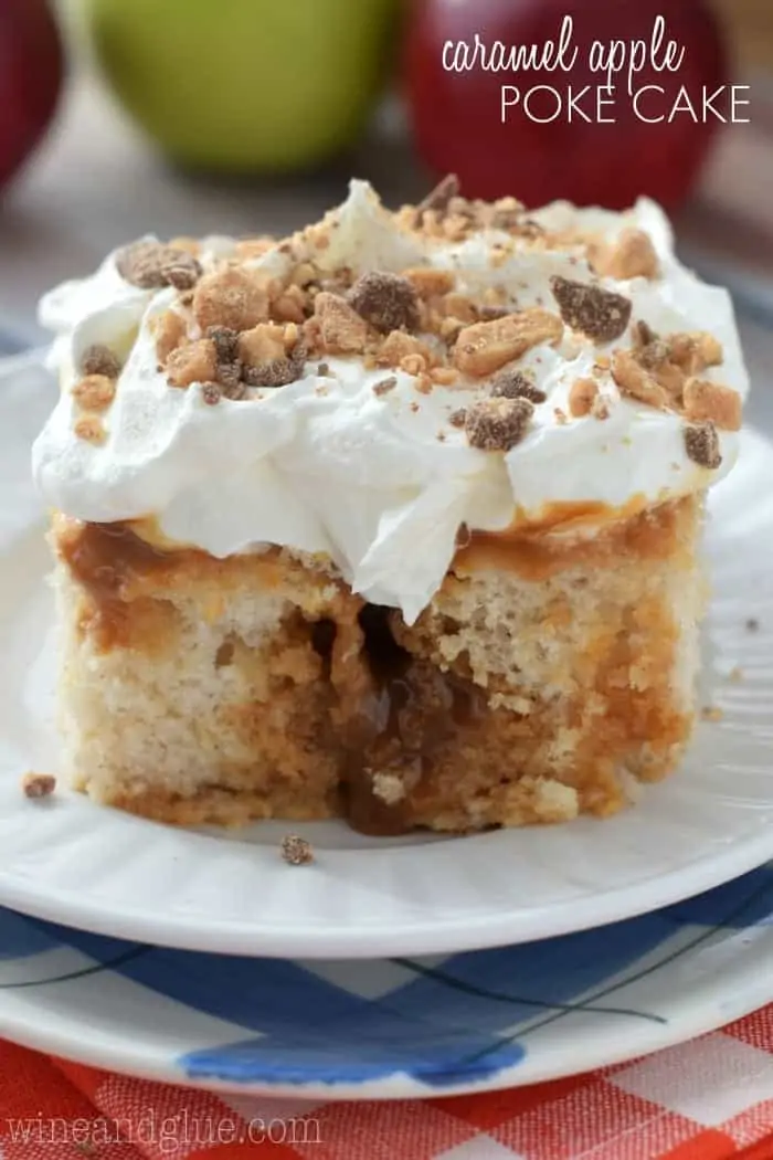 close up of caramel apple poke cake on a plate, says: caramel apple poke cake