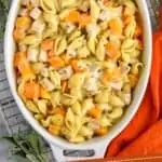 Pinterest graphic of overhead of a casserole dish full of turkey casserole