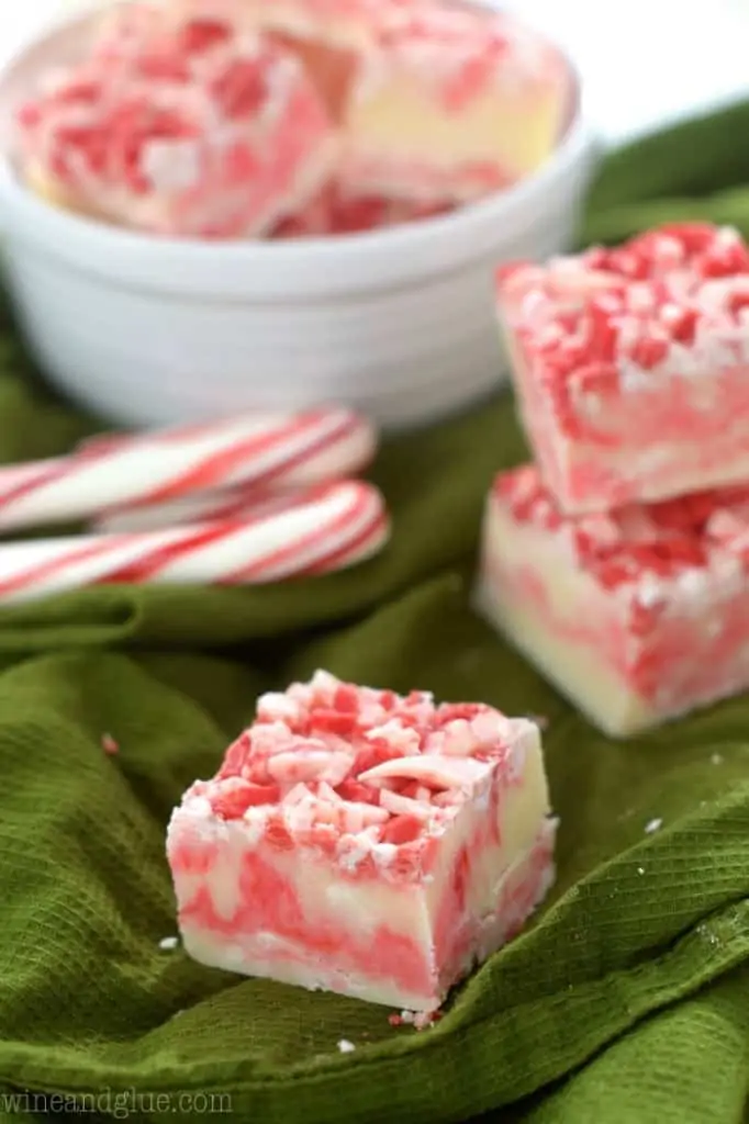 small piece of candy cane fudge with more in the background