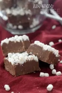 three small pieces of fudge topped with mini marshmallows, photo says: hot cocoa fudge