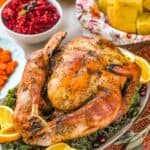 a thanksgiving turkey on a platter with greens, orange wedges, and cranberries