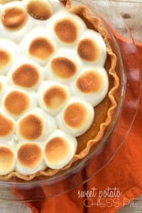 overhead of a pie with marshmallows that have been toasted on top, says: sweet potato chess pie - 8