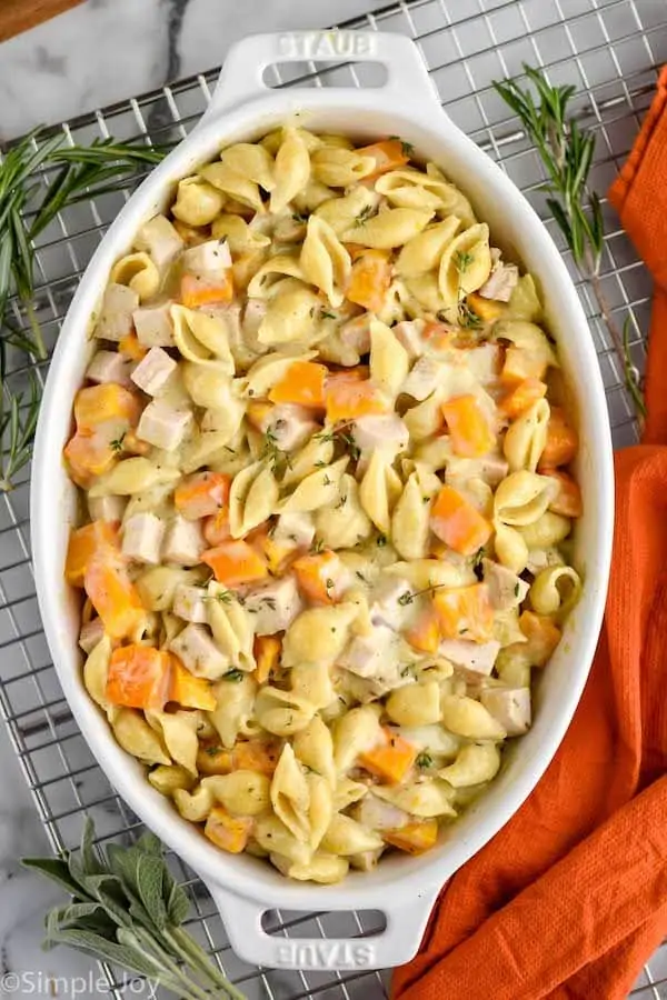 overhead of a casserole dish full of turkey casserole