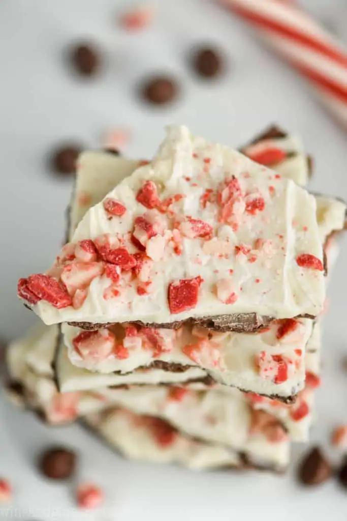 overhead view of dark chocolate peppermint bark ghirardelli