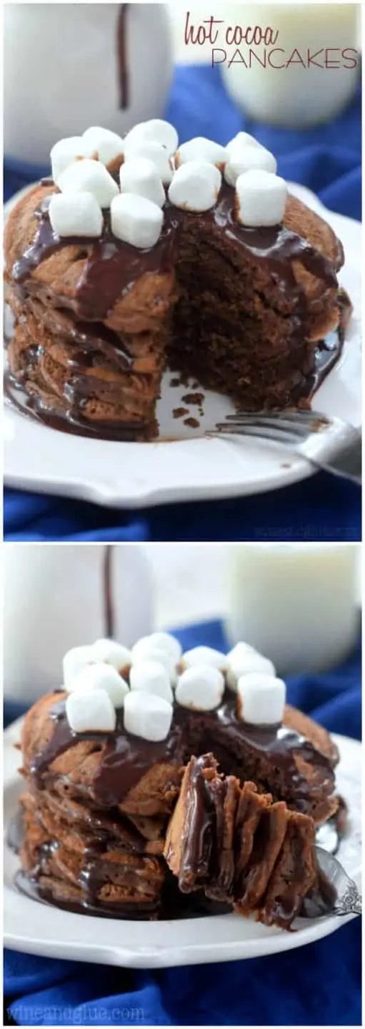A collage of two photos: a stack of 5 pancakes topped with a chocolate drizzle and marshmallows. 