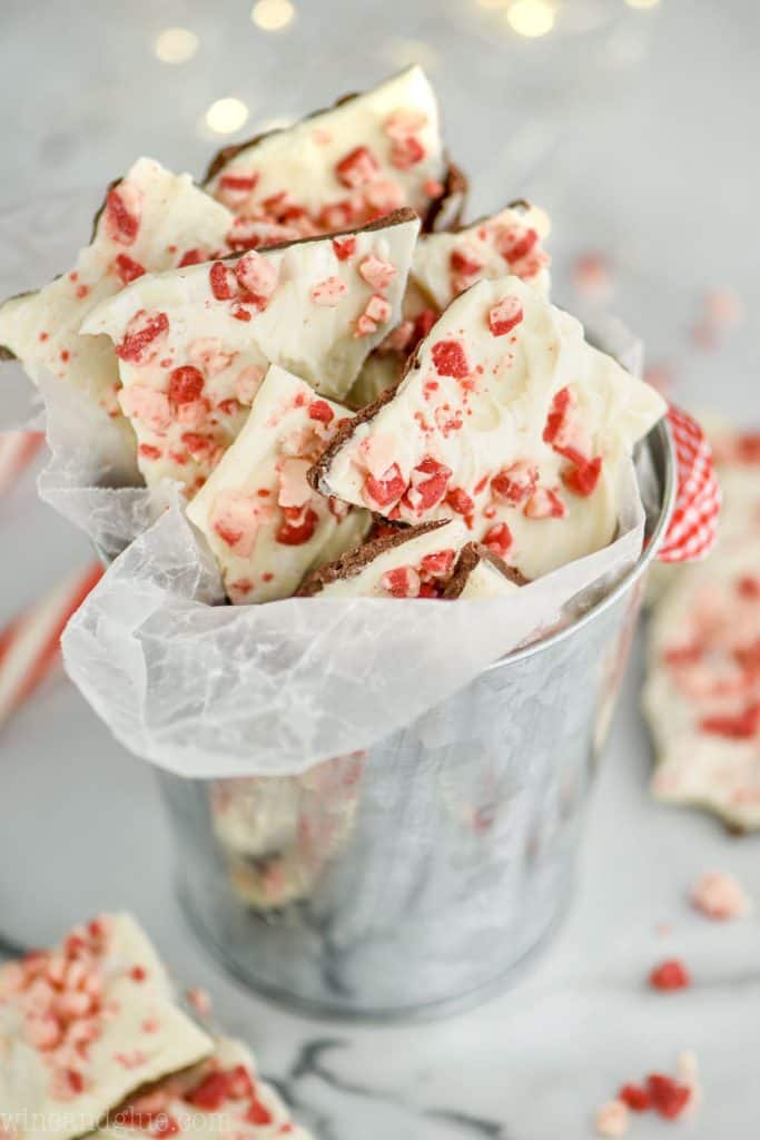 silver bucket full of peppermint chocolate bark recipe