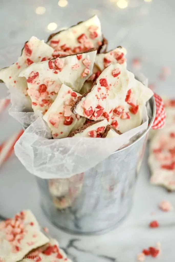 silver bucket full of peppermint chocolate bark recipe