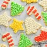 overhead view of a lot of soft cut out sugar cookies that have been frosted and decorated