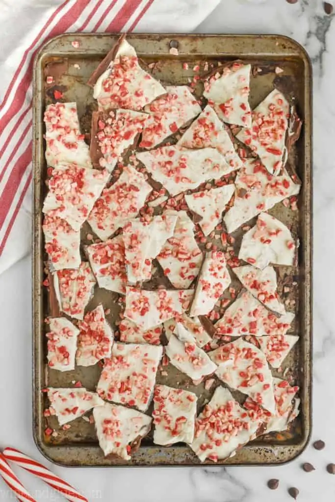 white chocolate peppermint bark recipe broken up on a baking sheet