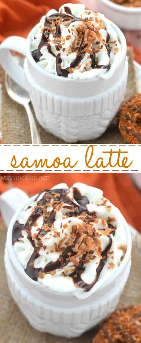 The Samoa Latte in a mug topped with whipped cream, chocolate drizzle, and toasted coconut toppings. On the side is one Samoa Cookies. 