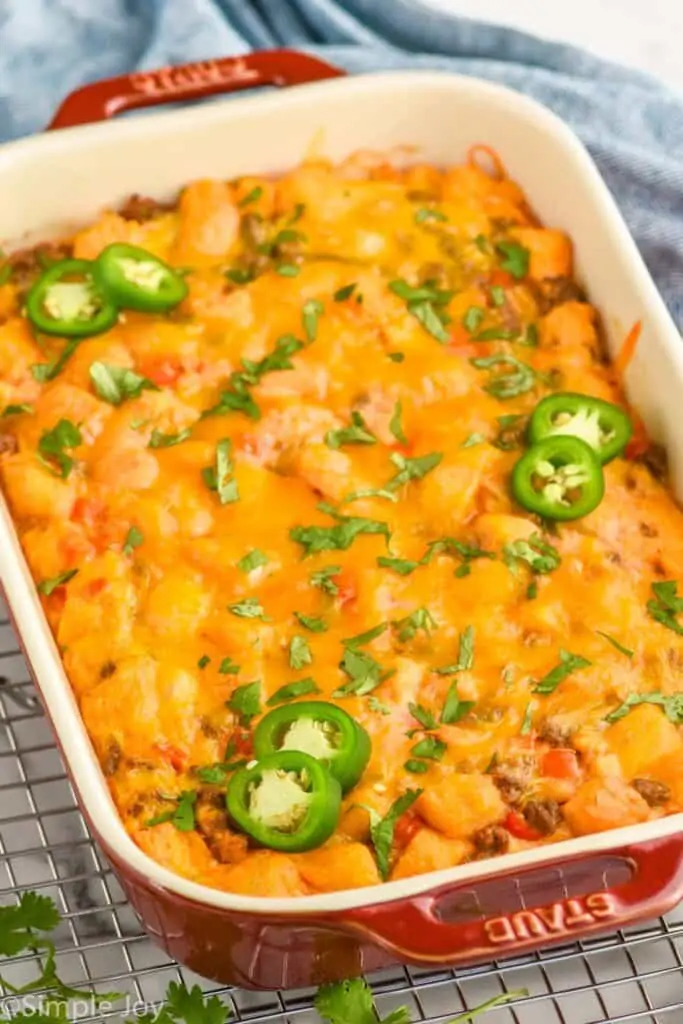 side view of a breakfast casserole in a casserole dish