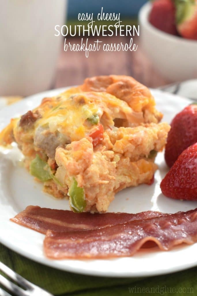 The Easy Cheese Southwestern Breakfast Casserole is speckled with sausage, red peppers, green peppers, and melted cheese. 