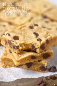This brown butter chocolate chip cookie bar recipe is insanely good. If you’ve never made brown butter before, watch the video in this post to see how!