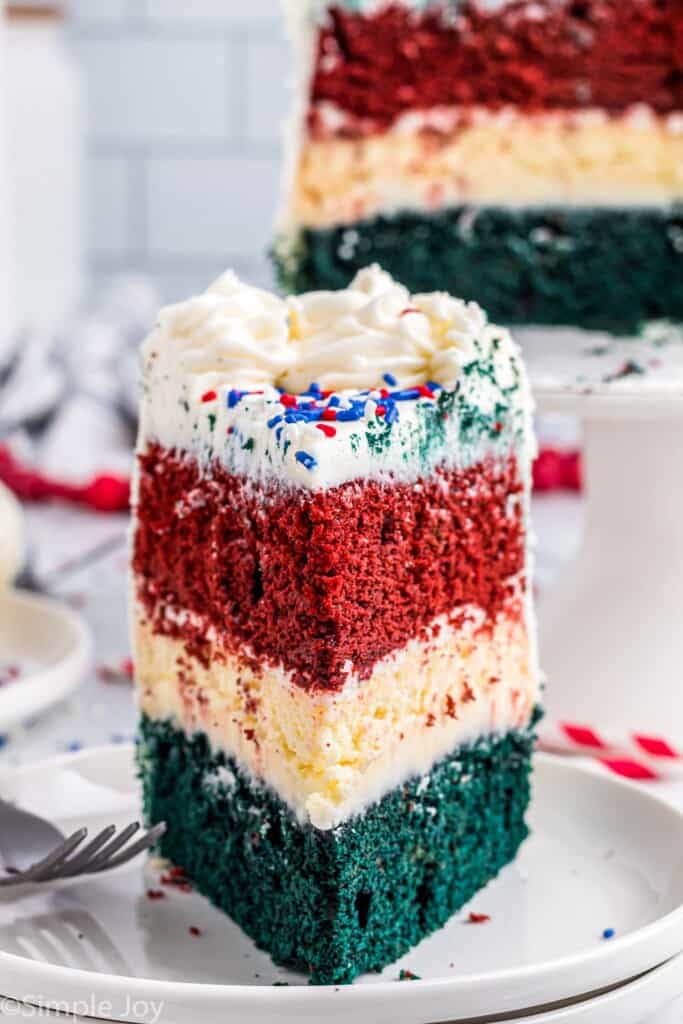 front view of a red white and blue layer cake
