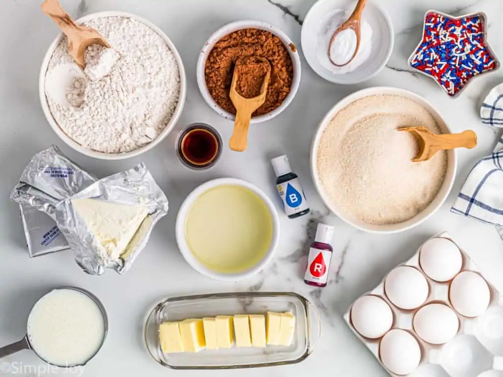 overhead of the ingredients used to make Red, White, and Blue Cake