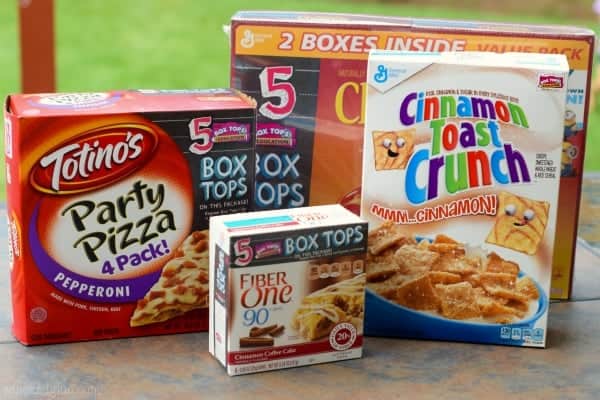 Four boxes are shown: Fiber One Cinnamon Coffee Cake Bars, Totino's Party Pizza 4 Pack, a 2 pack of Cheerio box, and a box of Cinnamon Toast Crunch. 