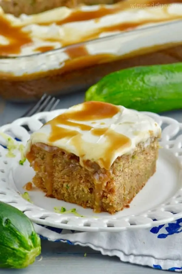 The Caramel Zucchini Poke Cake has a cream layer and drizzled with caramel. 